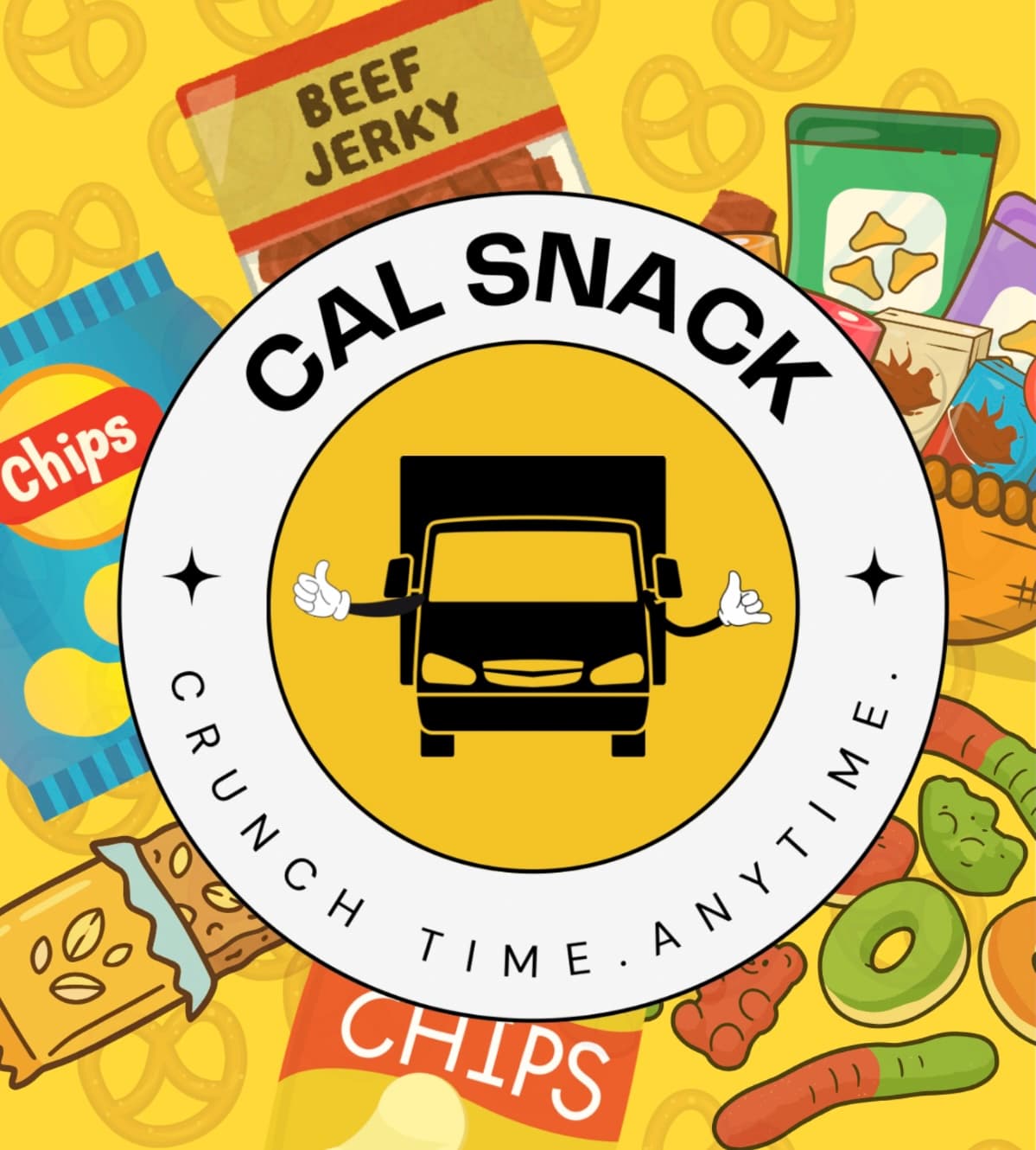 Illustrated snack selection around the Cal Snack logo
